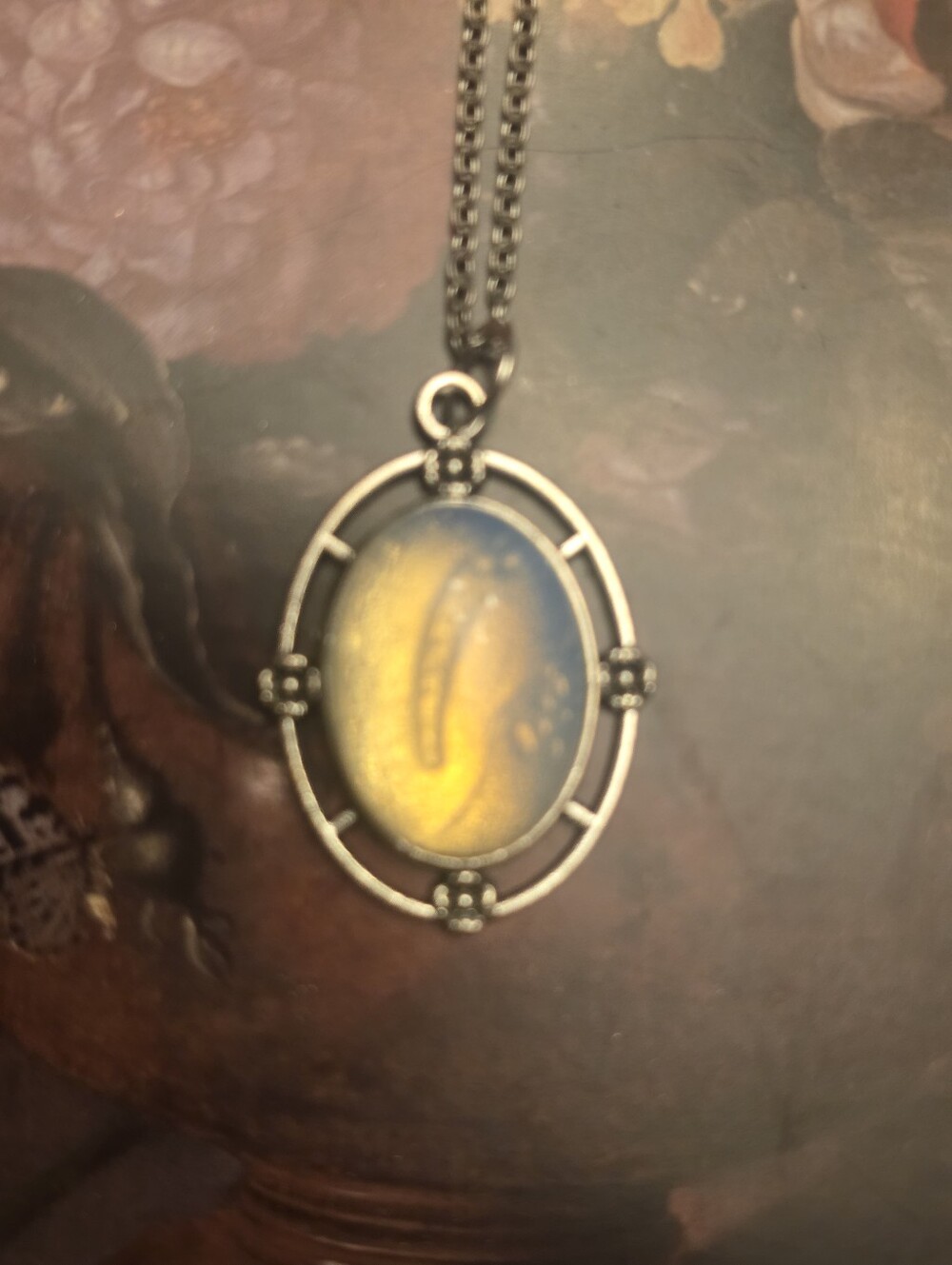 Moonstone Gemstone Cabochon On Silver Tone Frame Stainless Steel Chain Necklace